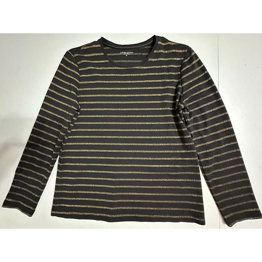 Laura Scott Top Black Gold Metallic Shimmer Striped Crew Neck Casual Shirt Sz M